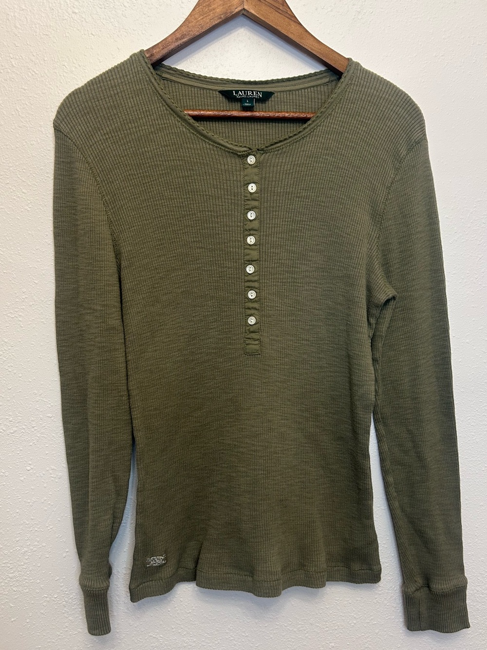 Lauren Ralph Lauren Olive Green Henley Thermal Ribbed Y2K Long Sleeve Top